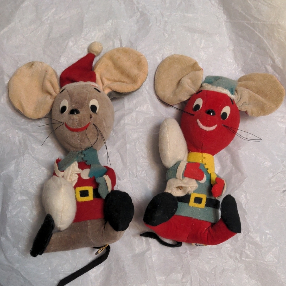 Vintage Holiday Mouse Plush Pair - Red and Gray